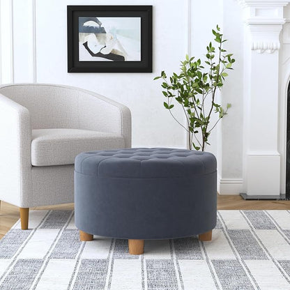 HomePop 28" Button Tufted Velvet Round Storage Ottoman - Steel Blue Velvet
