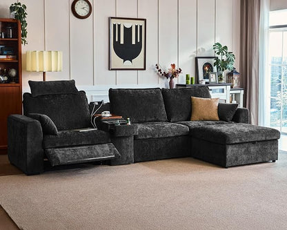 138.6'' Oversized Power Recliner Sofa with Headrest, Modular Cloud Sectional Couch with Convertible Table, Charging, Drawer, Cup Holder, 4-Seater with Storage Ottoman, Chenille, Black