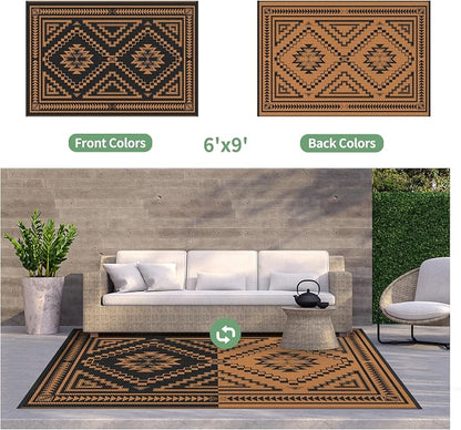 GENIMO Outdoor Rug for Patio Clearance - 5x8 ft Waterproof Plastic Camping Rugs, Reversible Outside Rv Mat Carpet for Porch, Deck, Picnic, Balcony, Beach, Backyard, Black Orange