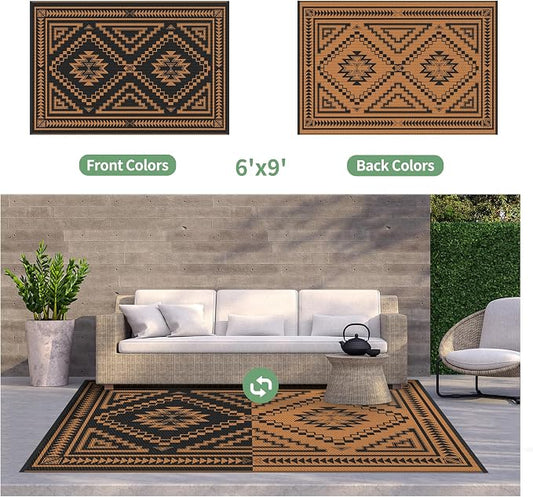GENIMO Outdoor Rug for Patio Clearance - 5x8 ft Waterproof Plastic Camping Rugs, Reversible Outside Rv Mat Carpet for Porch, Deck, Picnic, Balcony, Beach, Backyard, Black Orange
