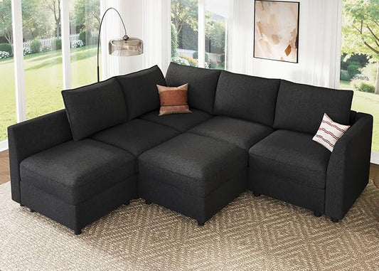 HONBAY Modular Sectional Sofa L Shaped Sectional Couch with Storage, Convertible Couches for Living Room - Linen Grey