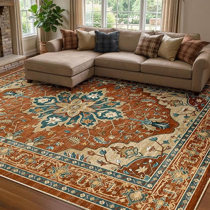 RELEANY Area Rugs 7'x10' Washable Non-Slip, Floral Vintage Distress Medallion Carpet for Living Room Bedroom Dining Room, Red Orange Blue Brown