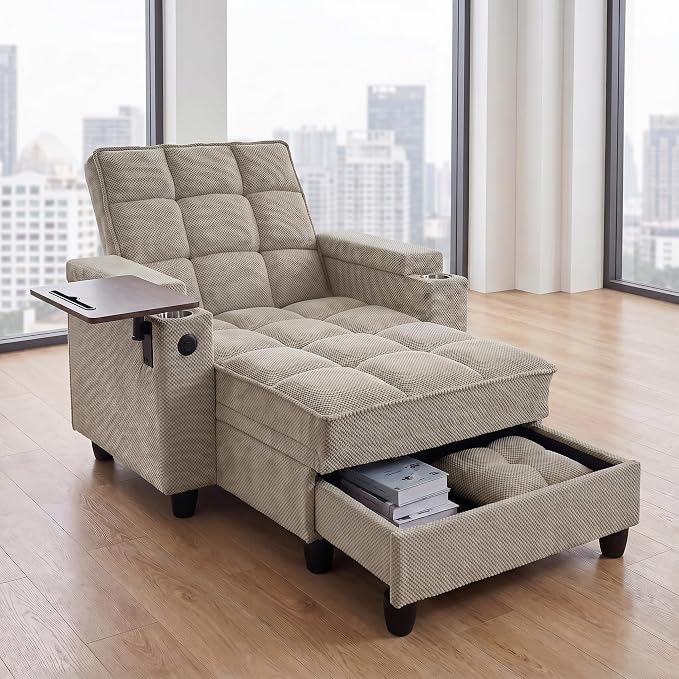 Convertible Sleeper Chair, Pull Out Sofa Bed with Adjustable Backrest & Hidden Storage Armrest, Single Sofa Recliner with USB Charging Port & Cup Holders for Living Room, Bedroom, Khaki