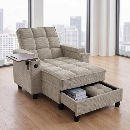 Convertible Sleeper Chair, Pull Out Sofa Bed with Adjustable Backrest & Hidden Storage Armrest, Single Sofa Recliner with USB Charging Port & Cup Holders for Living Room, Bedroom, Khaki