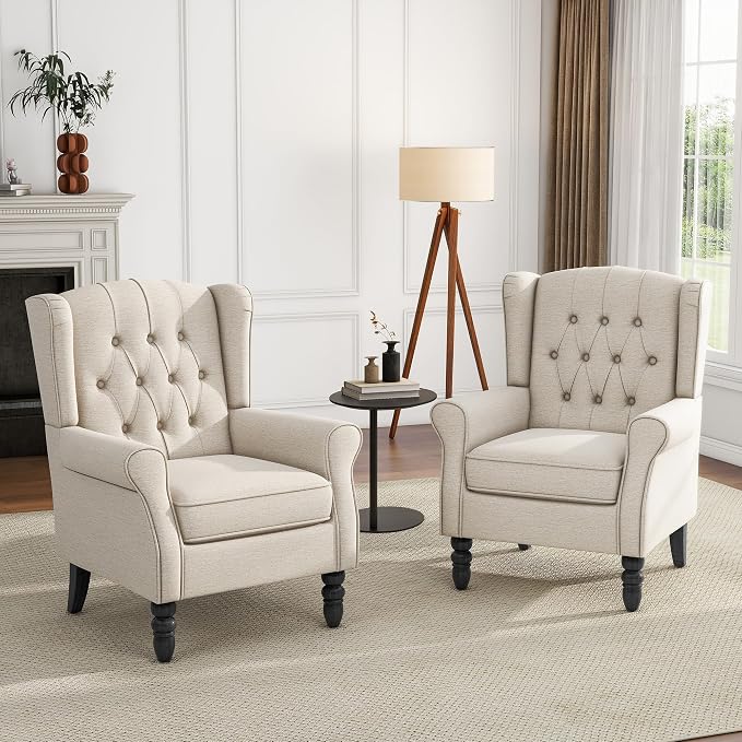 High Back Accent Chair, Fabric Upholstered Armchair Wingback Chair for Living Room, Comfy Bedroom Reading Seat with Solid Wood Legs, Beige