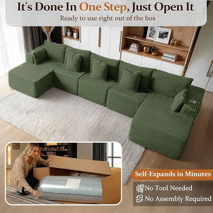 168" Cloud Sectional Couch, Comfort U Shaped Sofa for Living Room, Extra Deep Seats No Assembly, Minimalist Modular Couch, Corduroy (Olive Green, 7 Seats,U-Shape C)