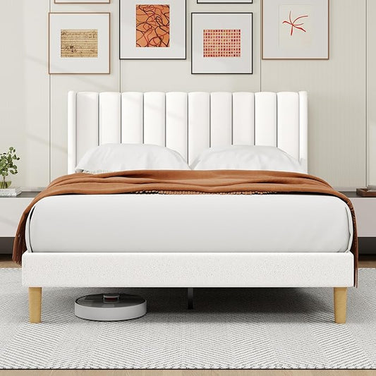 alazyhome Platform Bed Frame Queen Size with Upholstered Headboard, Solid Wood Slats Support, No Box Spring Needed, Noise Free, Easy Assembly, Modern Fabric Bed, White