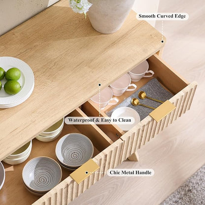 T4TREAM 60 Inch Fluted Buffet Sideboard Cabinet, Natural Oak | Modern Coffee Bar Storage Cabinet With 3 Drawers, for Dining Room, Living Room, Hallway, Oak Wood Grain, Adjustable shelves