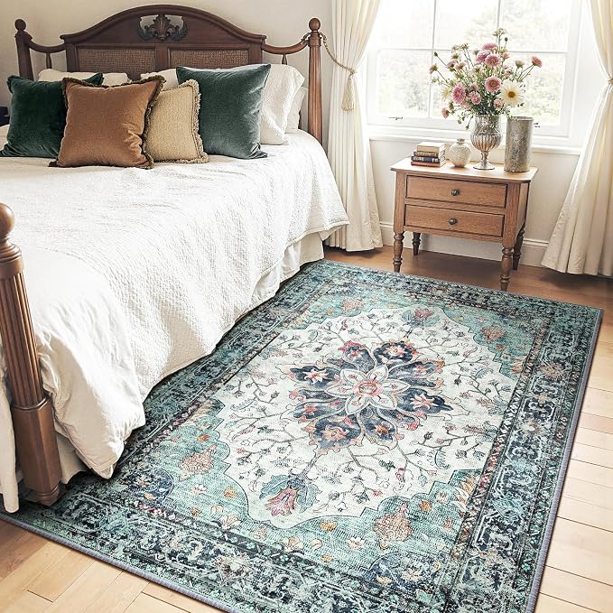 RELEANY Area Rugs 5'x7' Washable Non-Slip, Floral Vintage Distress Medallion Carpet for Living Room Bedroom Dining Room, Green Navy Blue White Red Teal
