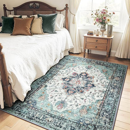 RELEANY Area Rugs 5'x7' Washable Non-Slip, Floral Vintage Distress Medallion Carpet for Living Room Bedroom Dining Room, Green Navy Blue White Red Teal