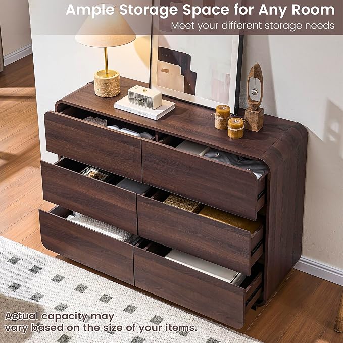 Standifurno Walnut 6 Drawer Dresser, Curved Chest of Drawers for Bedroom, 47 Inch Wide Dresser with Deep Drawers for Clothes, Modern Drawer Closet for Bedroom, Living Rooms, Offices, Entryways