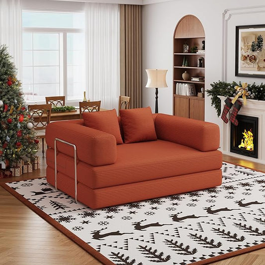 Convertible Futon Sofa Bed, 2 Seater Corduroy Floor Queen Size Bed Foldable Sleeper Lounge Boneless Loveseat Couch with 2 Throw Pillows for Living Room Bedroom Guest Room(Orange, 53.15"Double Sofa)
