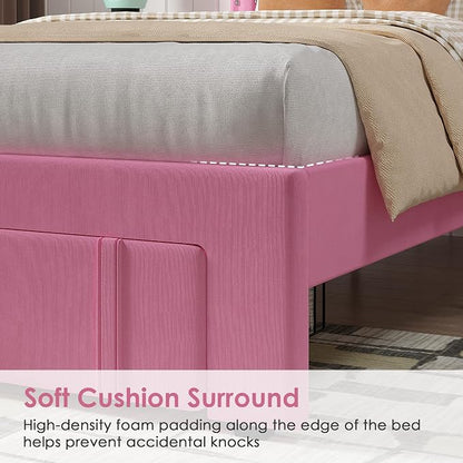 VECELO Twin Size Upholstered Bed Frame with Storage Drawer, Adjustable Velvet Rivet Decor Headboard, Wooden Slats Platform Support, No Box Spring Needed, Easy Assembly,Pink