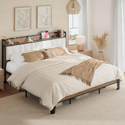 LIKIMIO King Bed Frames, Storage Headboard with Charging Station, Solid and Stable, Noise Free, No Box Spring Needed, Easy Assembly, Wood and Cream