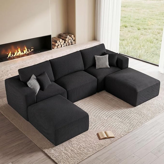 Living&Giving 115" Modular Cloud Boneless Couch, U Shaped Sectional Sofa with Chaise, Corduroy Floor Couch for Living Room, High-Density Foam & Firm Lumbar Support for Apartment, Black