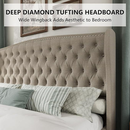 AMERLIFE California King Size Platform Bed Frame, Linen Upholstered Bed with Deep Button Tufted & Nailhead Trim Wingback Headboard/No Box Spring Needed, Beige