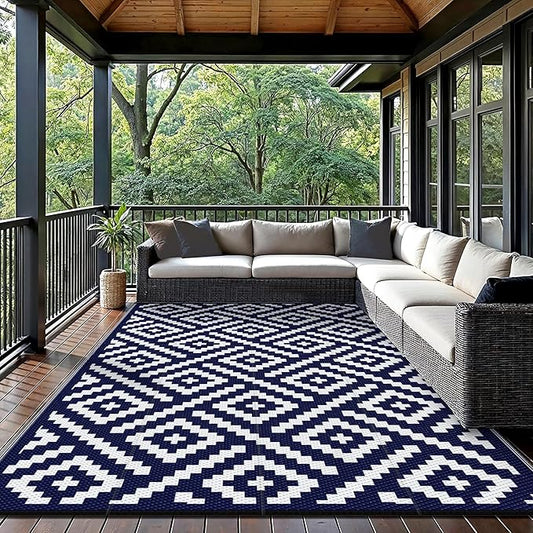GENIMO Outdoor Rugs 8'x10' Waterproof, Reversible Mats, Area Plastic Straw Rug, Outside Carpet, Geometric Rv Mat for Patio Camping Picnic Backyard Deck Balcony Porch Beach Trailer