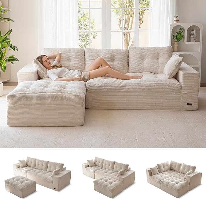 MAXYOYO 104" L Shaped Modular Sectional Sofa with Ottoman, Cloud Boneless Couch with Layered Cushion, Upholstered Sofa Flexible Module Combination for Living Room, No Assembly, Beige