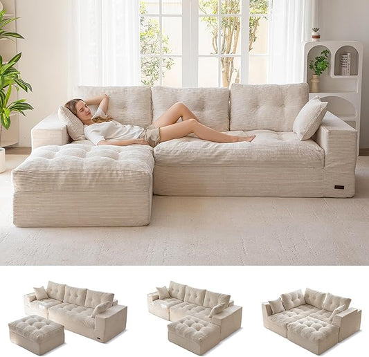 MAXYOYO 104" L Shaped Modular Sectional Sofa with Ottoman, Cloud Boneless Couch with Layered Cushion, Upholstered Sofa Flexible Module Combination for Living Room, No Assembly, Beige