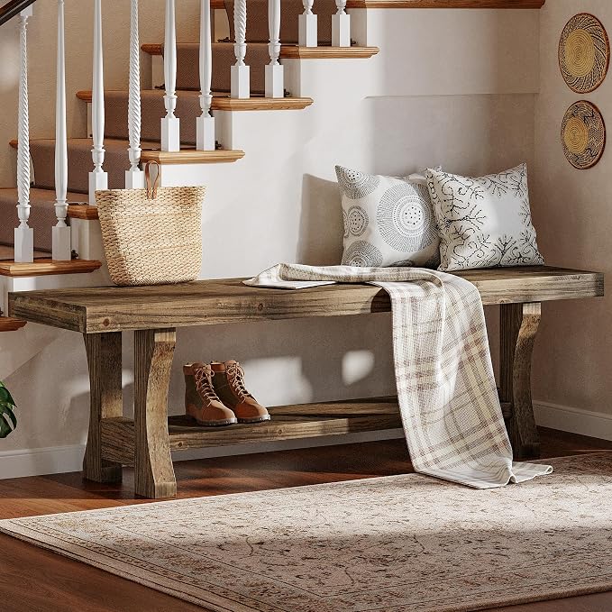 Solid Wood Entryway Bench, 55" End of Bed Bench, Long Indoor Dining Seat for Hallway, Bedroom, Living Room, Dining Room, Easy Assembly, Dark Brown