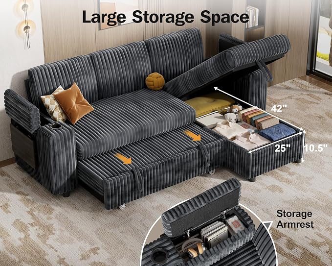 Vipbear 86" Modular Sectional Sleeper Sofa with Pull Out Bed, 3 Seat Plush Corduroy L Shaped Couch with Storage Chaise|USB Ports|Cup Holders|Side Table|Storage Armrests, Tool Free Assembly, Grey