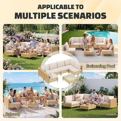 LHBcraft 7-Piece Wicker Outdoor Patio Furniture Set, Modular Rattan Outdoor Furniture, Patio Conversation Sets, Handmade Rattan, Water Resistant Fluffy Cushions and Coffee Table, Brown