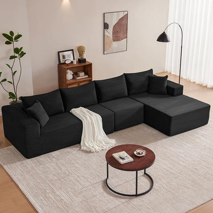 Mangodan 140” Cloud Sectional Couch, Boneless Sofa for Living Room, Modular Sectional Sofa with Deep Seat, Comfy Fluffy L-Shaped Couch with Right-Facing Chaise, No Assembly Required, Black