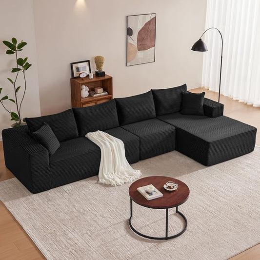 Mangodan 140” Cloud Sectional Couch, Boneless Sofa for Living Room, Modular Sectional Sofa with Deep Seat, Comfy Fluffy L-Shaped Couch with Right-Facing Chaise, No Assembly Required, Black