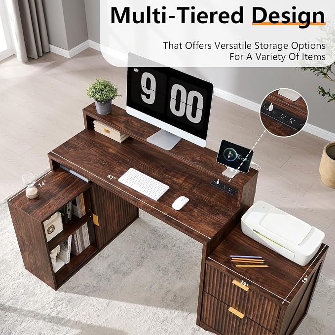 67" Modern Desk with Storage Cabinet & 2 Drawers, Built‑in Outlet | L Shaped Desk with Storage, Wood Home Office Desk, storage cabinet with sliding doors, Dark Walnut