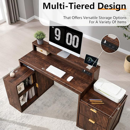 67" Modern Desk with Storage Cabinet & 2 Drawers, Built‑in Outlet | L Shaped Desk with Storage, Wood Home Office Desk, storage cabinet with sliding doors, Dark Walnut