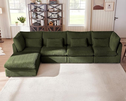 154" Oversized Corduroy Couch Modular Sectional Sofa, Washable Cloud Couch Sectional with Ottoman, 5 Seater Sectional Couches for Living Room, Fully Cover Removable, L Shaped, Corduroy, Green