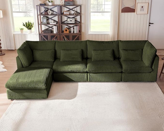 154" Oversized Corduroy Couch Modular Sectional Sofa, Washable Cloud Couch Sectional with Ottoman, 5 Seater Sectional Couches for Living Room, Fully Cover Removable, L Shaped, Corduroy, Green