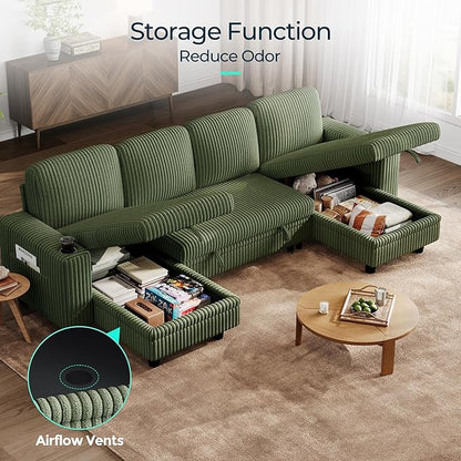 LINSY HOME Sectional Sleeper Sofa Pull Out Couches for Living Room (Green, Sleeper Sofa 3) | Pull Out Sofa Bed, Storage, USB Charging, Cup Holders, Plush Corduroy