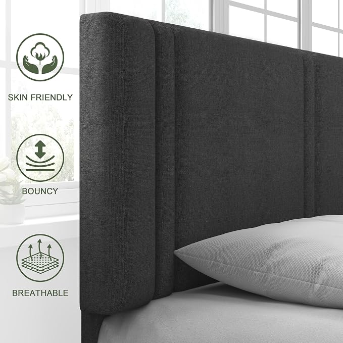 Feonase Queen Platform Bed Frame, Fabric Upholstered Queen Bed Frame, Solid Wood Slats & Heavy Duty Feet Support, No Box Spring Needed, Noise-Free, Easy Assembly, Dark Grey