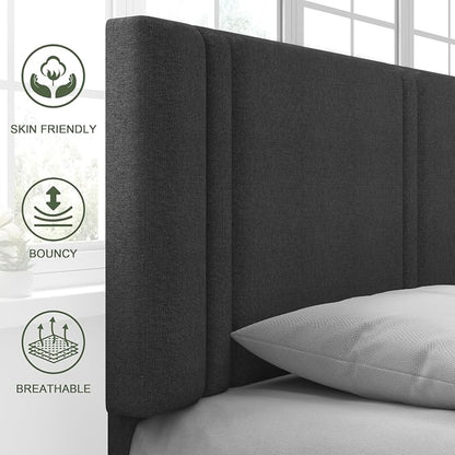 Feonase Queen Platform Bed Frame, Fabric Upholstered Queen Bed Frame, Solid Wood Slats & Heavy Duty Feet Support, No Box Spring Needed, Noise-Free, Easy Assembly, Dark Grey