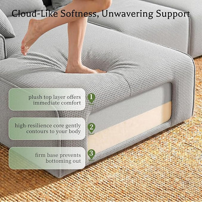 Homkdom 98" Boneless Modular Sectional Sofa, Cloud Couch with 27" Deep Seat & Oversized Chaise, L-Shaped High-Density Foam Sofa for Living Room, No Assembly Required (Grey-Check, Left Facing)