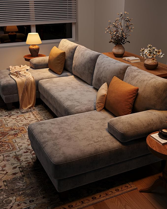 U-Shaped Sectional Couches for Living Room | 112 Inch Modern Sectional Couch | Light Grey Chenille Sofa with Double Chaise for Apartment
