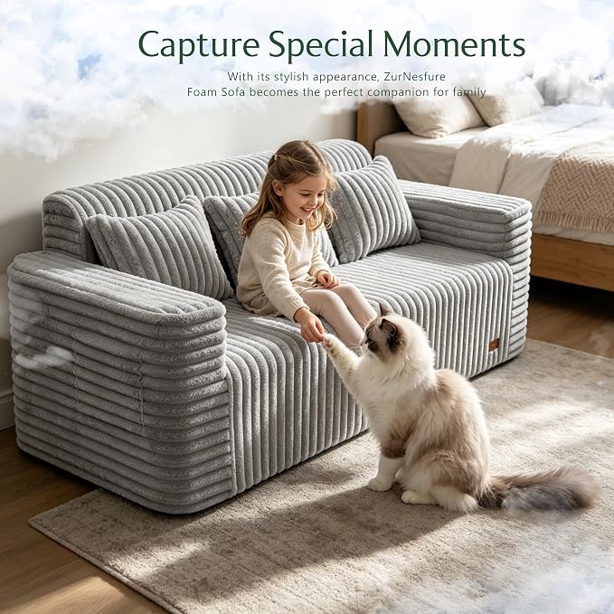 ZurNesfure Sofa Couch Cloud 3-Seater Memory Foam Couch with Pillow No Assembly Required, Modern Couch with Removable Washable Cover Boneless Sofas for Living Room Bedroom Apartment (Grey,3-Seater)