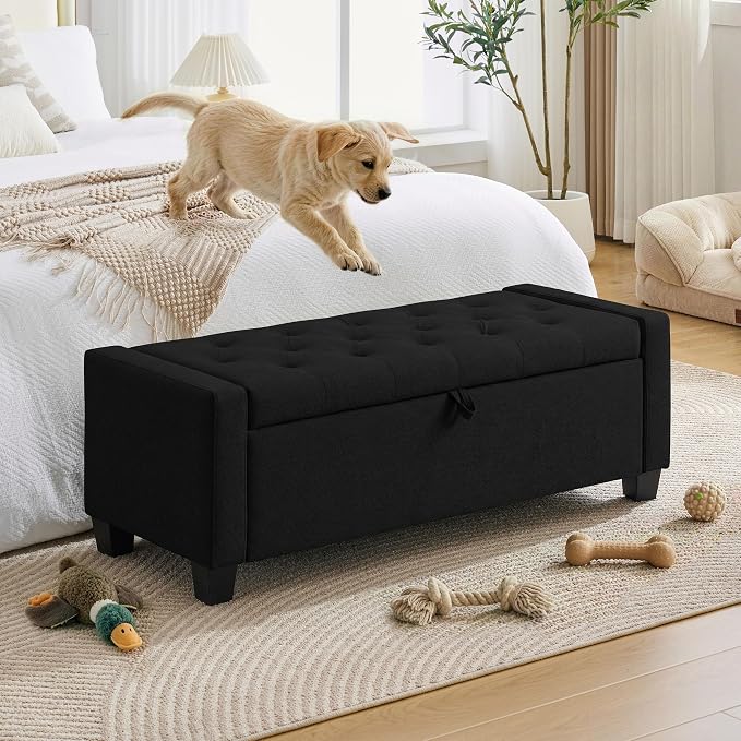 Huatean Home 43" Ottoman with Storage, Black Storage Ottoman Bench with Safety Hinge, Upholstered Entryway Bench with Seating for Bedroom, Living Room, Holds up to 330 lb