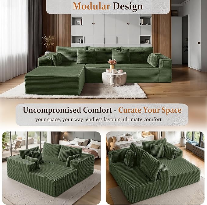 108" Cloud Sectional Couch, Comfort L Shaped Boneless Couch for Living Room, Extra Deep Seats No Assembly, Minimalist Modular Sofa, Corduroy (Olive Green, 2 Seater + Left Facing Chaise)