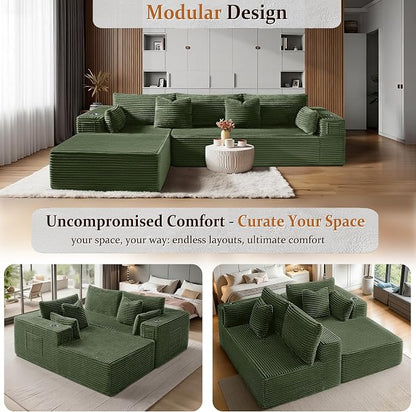 108" Cloud Sectional Couch, Comfort L Shaped Boneless Couch for Living Room, Extra Deep Seats No Assembly, Minimalist Modular Sofa, Corduroy (Olive Green, 2 Seater + Left Facing Chaise)