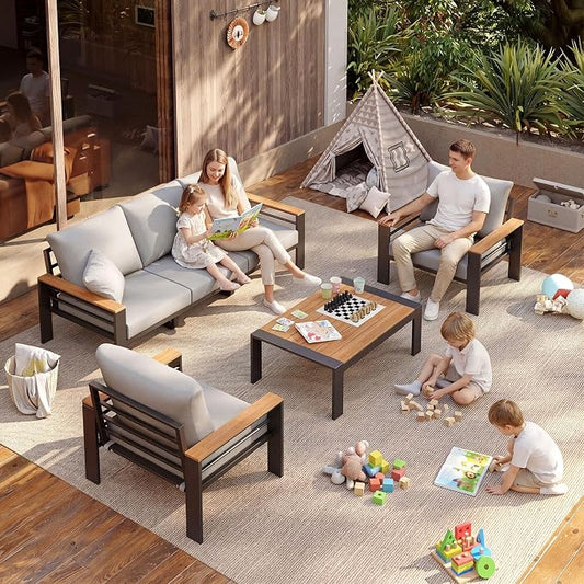 Aoxun Aluminum Outdoor Patio Furniture Set, 5 Seats Outdoor Sectional with Coffee Table, Patio Conversation Sets with Upgraded Armrests and Cushions for Backyard, Garden and Poolside（Grey）