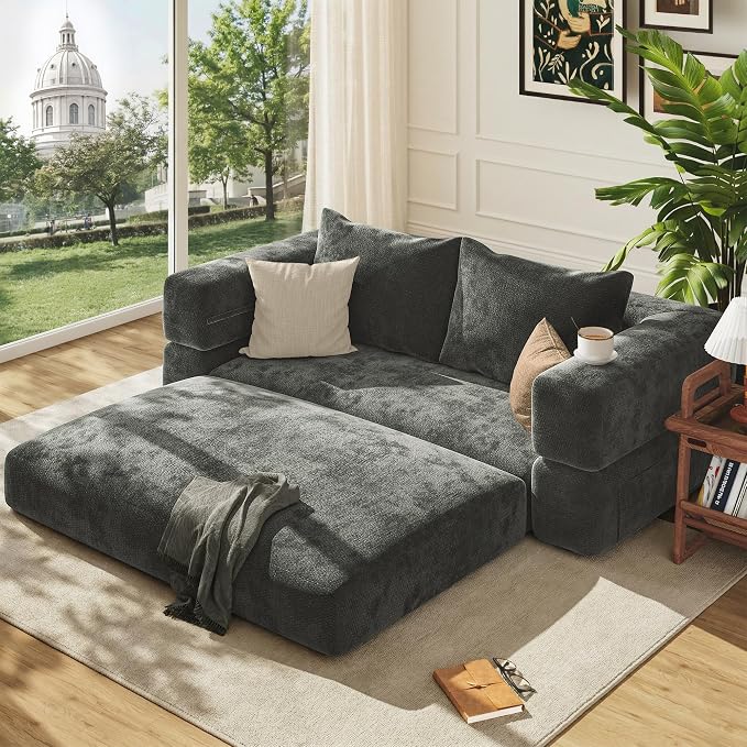 75'' Folding Convertible Sofa Bed with Large Pillow, 4-in-1 Foldable Pull Out Futon Sofa Bed, Chenille Boneless Mattress Couch, No Assembly Floor Sleeper Sofa Bed for Living Room/Bedroom, Dark Gray