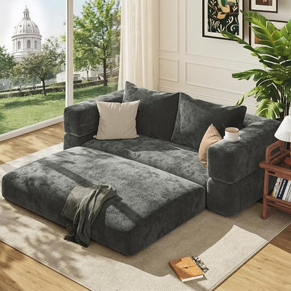 75'' Folding Convertible Sofa Bed with Large Pillow, 4-in-1 Foldable Pull Out Futon Sofa Bed, Chenille Boneless Mattress Couch, No Assembly Floor Sleeper Sofa Bed for Living Room/Bedroom, Dark Gray