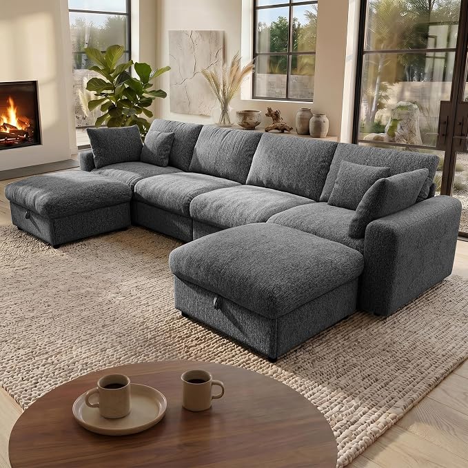 Ihanherry 141" Oversized Cloud Sectional Couches for Living Room, Modular Sectional Sofa with Wide Deep Seat, U Shaped Couch with Throw Pillow and Storage Ottoman, Dark Grey