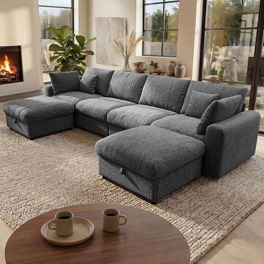 Ihanherry 141" Oversized Cloud Sectional Couches for Living Room, Modular Sectional Sofa with Wide Deep Seat, U Shaped Couch with Throw Pillow and Storage Ottoman, Dark Grey