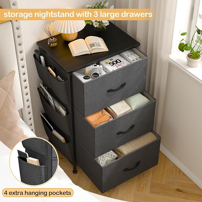 Night Stand Set 2, Nightstand with Drawers for Bedroom, Bedside Table with Wooden Top, Sturdy Steel Frame End Table, Dorm Nightstand for Bedroom, Entryway, Hallway, Closet, Cloth Bags, Hooks, Grey