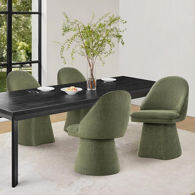 KISLOT Swivel Dining Chairs Set of 2, Upholstered Mid Century Modern Deskchair with Round Back, Linen Fabric Kitchen Chairs for Dining Room, Bedroom, Dressing Room, Green