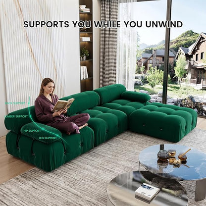 104" Convertible Modular Sectional Sofa, L-Shaped Velvet Sectional Couch with Chaise Ottoman, Minimalist Modern Sofas for Living Room Bedroom Office Apartment (Green)
