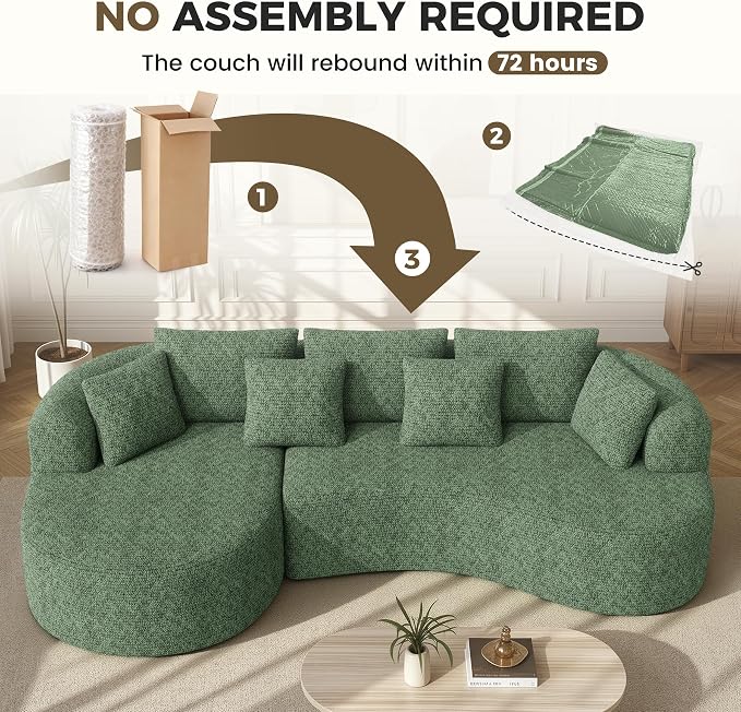 126" Oversized Curved Sectional Sofa for Living Room, Boneless Modern Couch with Chaise, Cloud Couch with 7 Pillows, No Assembly, Green 1PCS